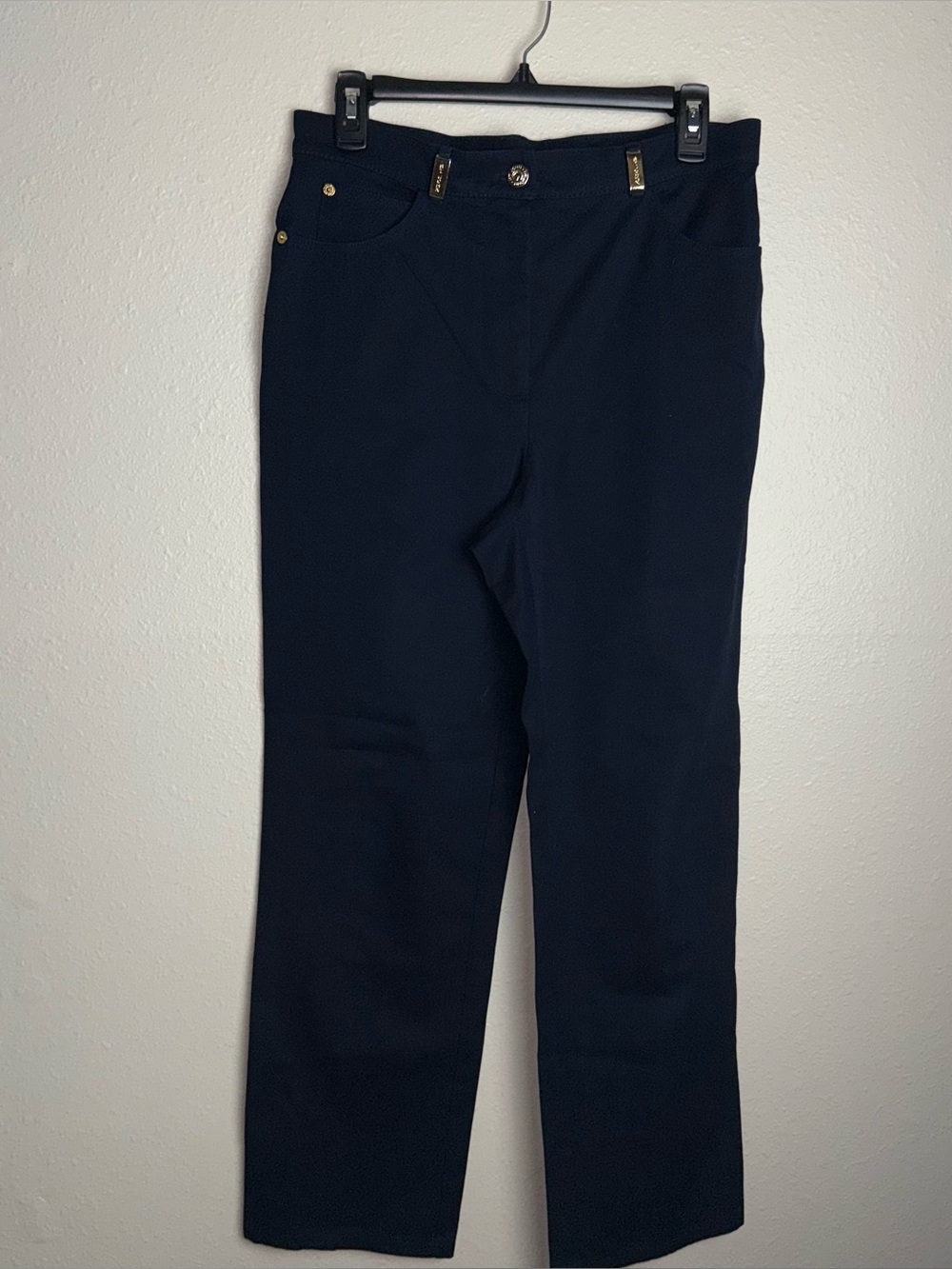 St. John Sport by Marie Gray Navy Straight Leg Pants Gold Logo Hardware Size 6